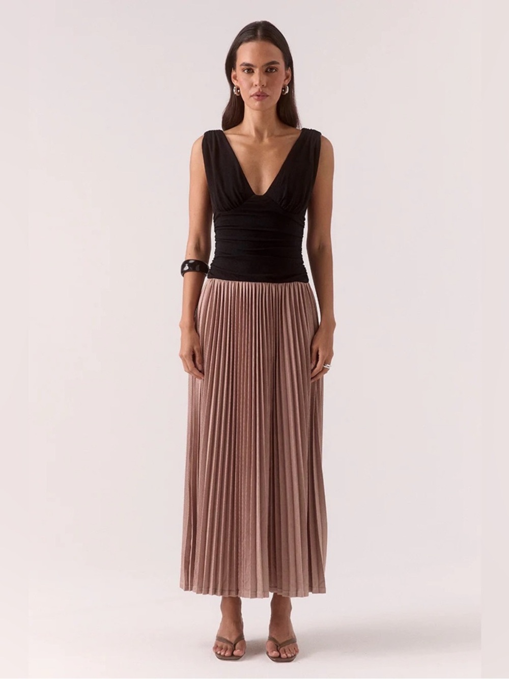 sovere dione black & brown deep v-neck pleated maxi summer sun dress size small